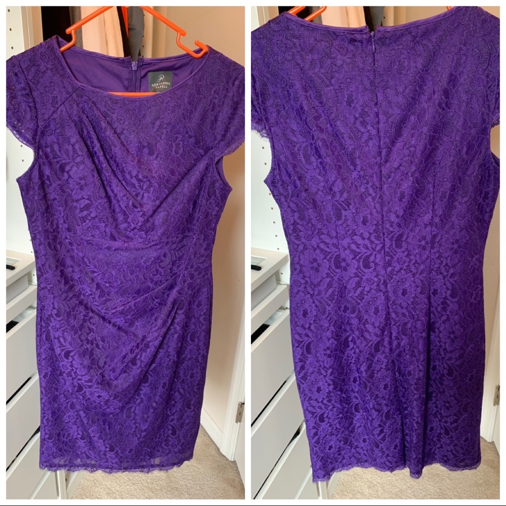 Adrianna Papell pleated purple lace dress size 8